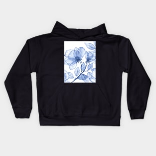 Blue transparent roses watercolor print. Porcelain floral motif. Translucent delicate floral composition Kids Hoodie